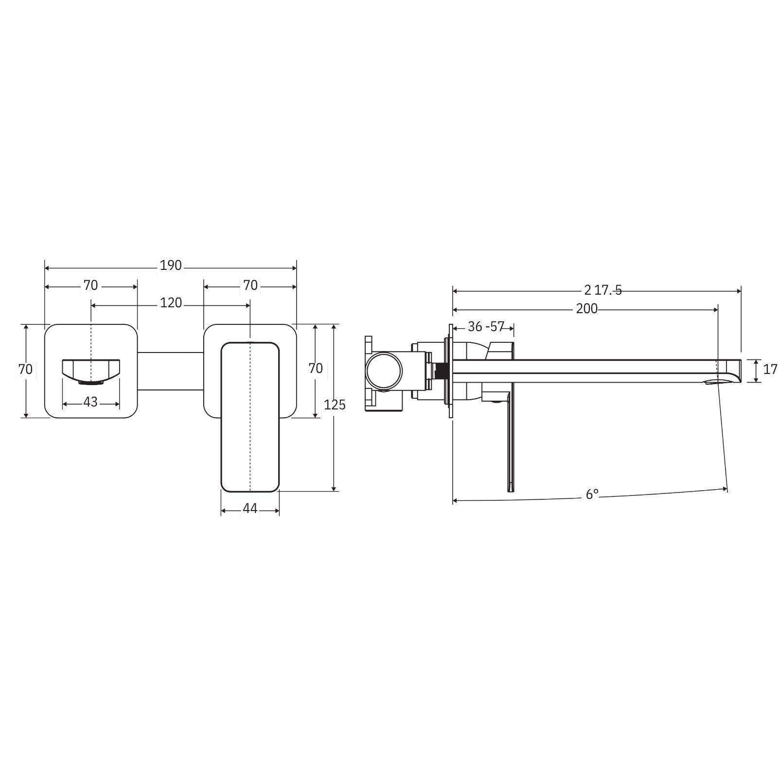 Technical Drawing Fienza Tono Basin/Bath Wall Mixer Set 200mm Outlet Small Square Plates Brushed Nickel 233104BN-200-LF - The Blue Space