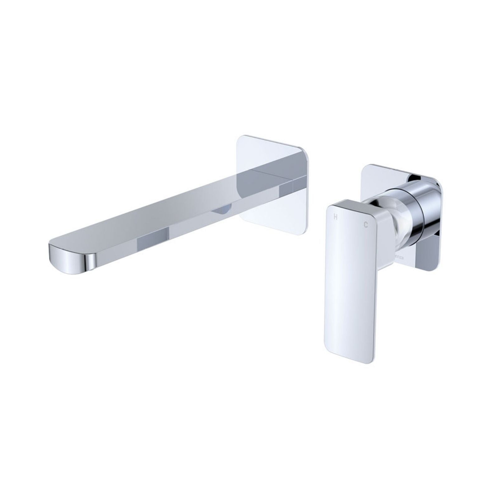 Fienza Tono Basin/Bath Wall Mixer Set 200mm Outlet Small Square Plates Chrome 233104-200-LF - The Blue Space