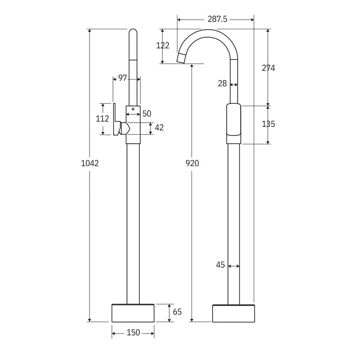 Technical Drawing Fienza Tono Floor Mounted Basin/Bath Mixer Chrome 233112-LF - The Blue Space