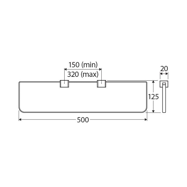 Technical Drawing Fienza Tono Glass Shelf 500mm Gun Metal 85107GM - The Blue Space