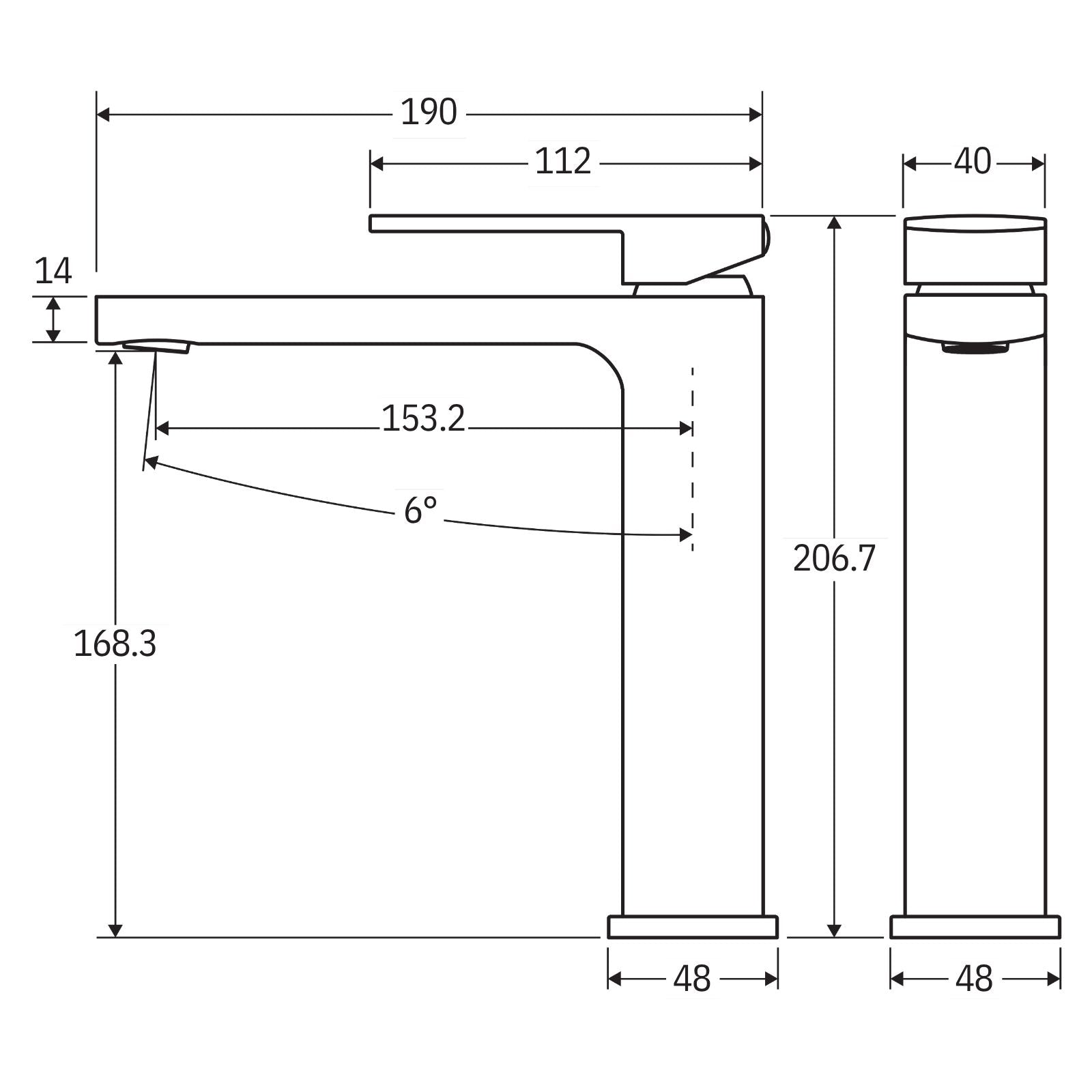 Technical Drawing Fienza Tono Medium Basin Mixer Brushed Nickel 233110BN-LF - The Blue Space