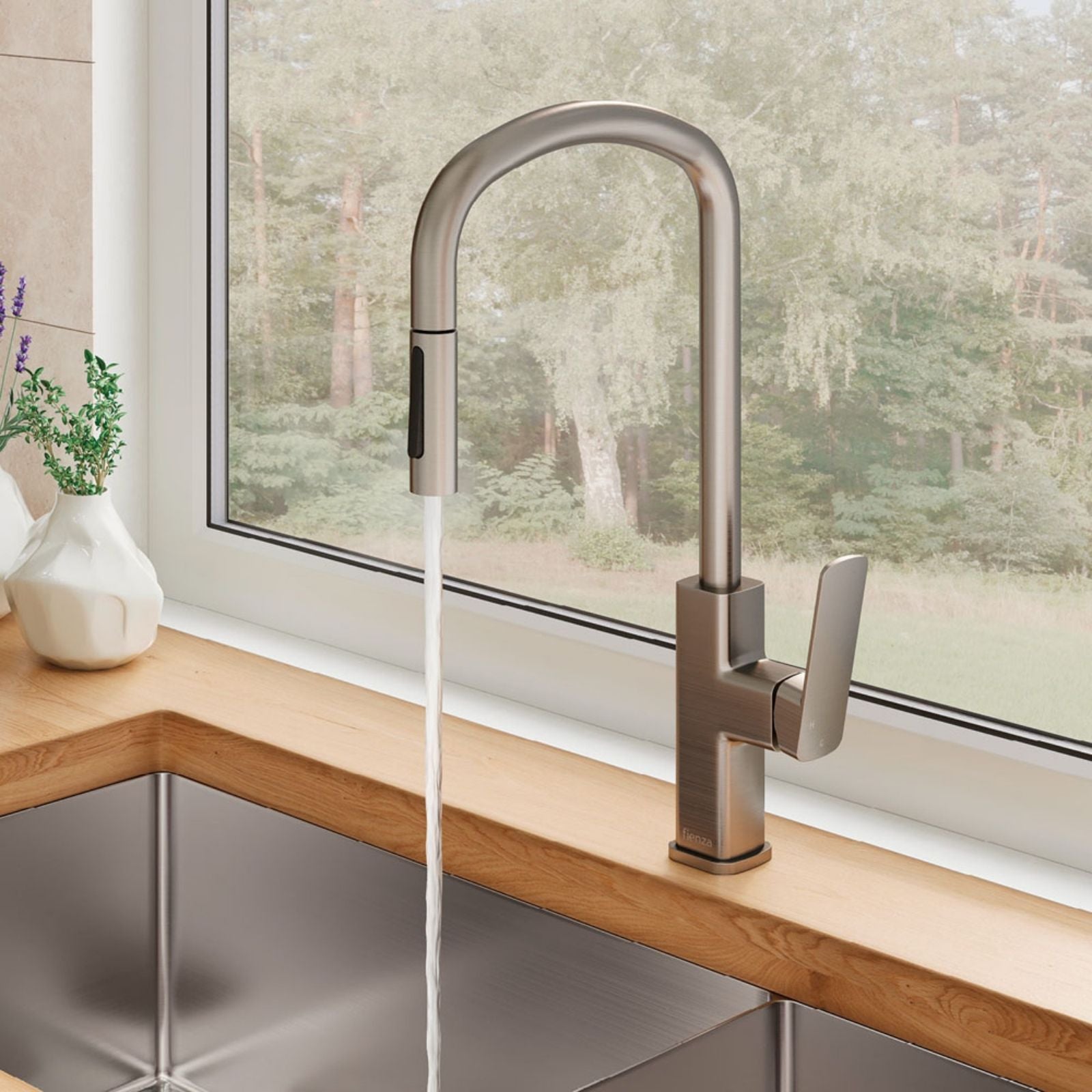 Lifestyle 2 Fienza Tono Pull Out Sink Mixer Brushed Nickel 233108BN-LF - The Blue Space