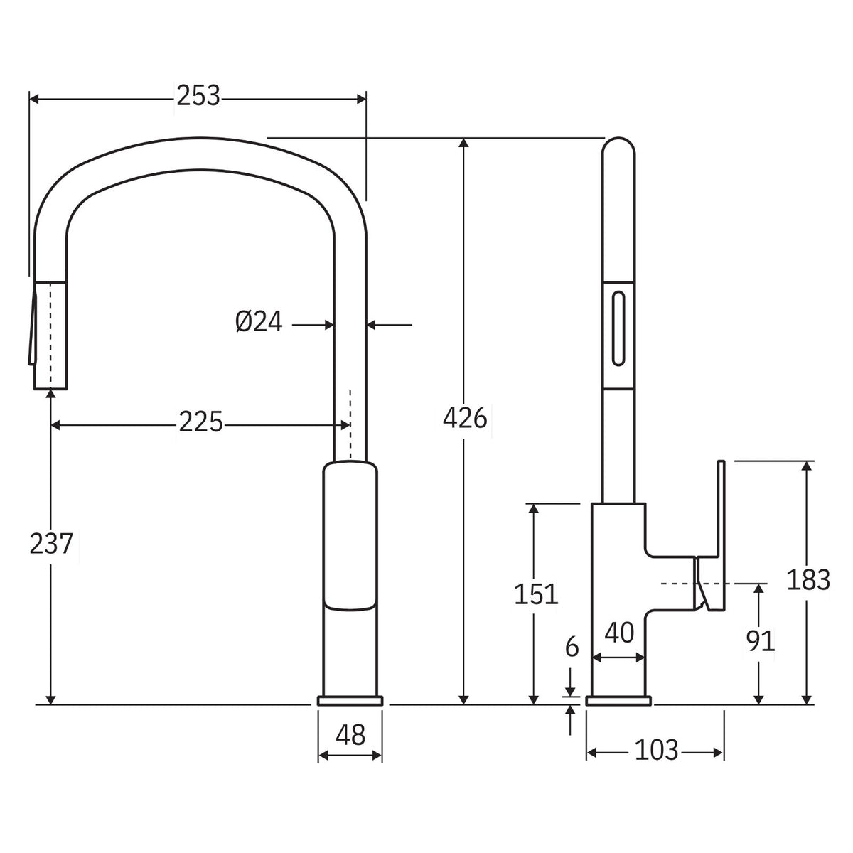 Technical Drawing Fienza Tono Pull Out Sink Mixer Chrome 233108-LF - The Blue Space