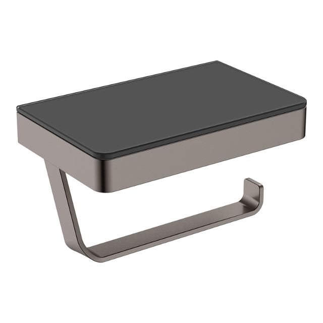 Angle Fienza Tono Toilet Roll Holder With Glass Shelf Gun Metal 85109GM - The Blue Space