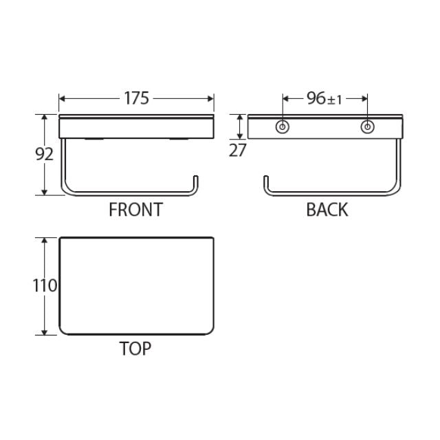 Technical Drawing Fienza Tono Toilet Roll Holder With Glass Shelf Matte Black 85109MB - The Blue Space