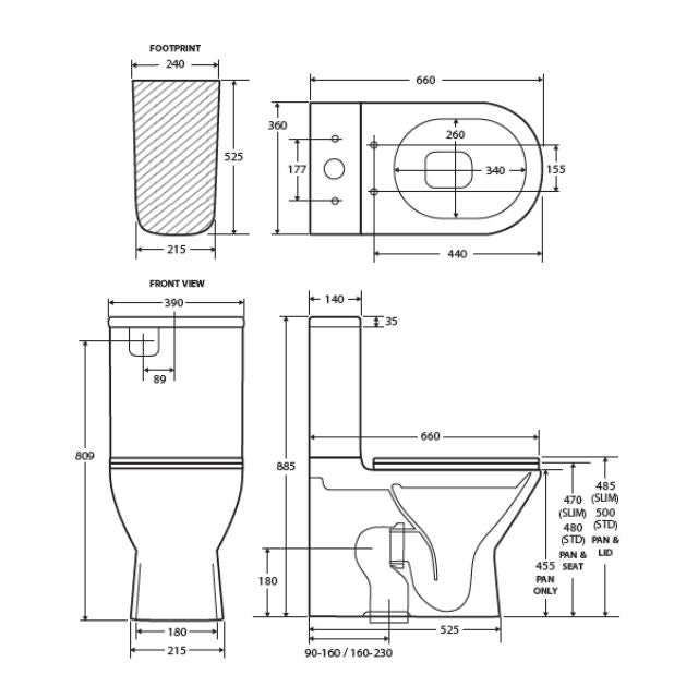 Technical Drawing Fienza Tono Tornado Flush Back-to-Wall Toilet Suite With Slim Seat R&T Internal - P-Trap K028P-2 - The Blue Space