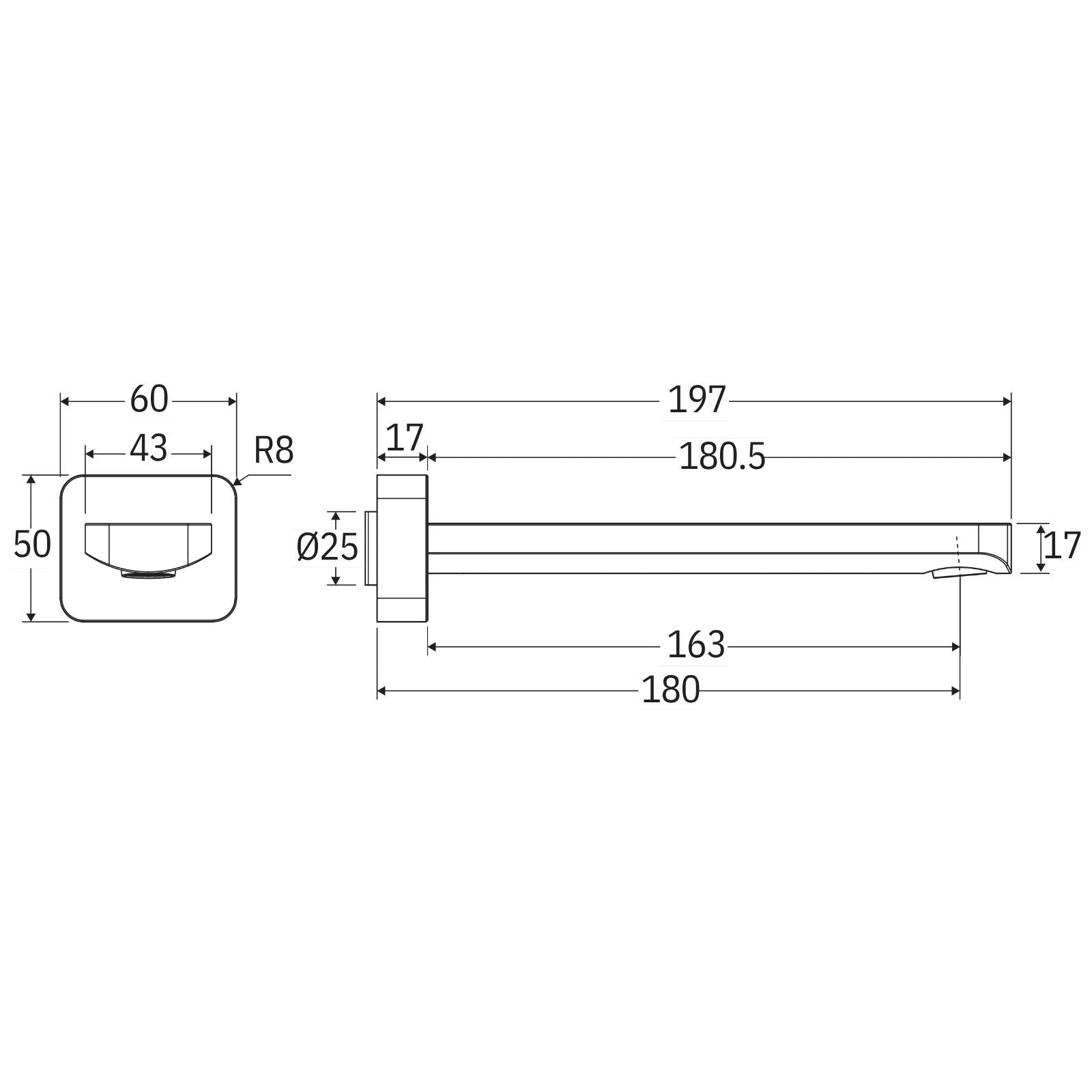 Technical Drawing Fienza Tono Wall Basin/Bath 180mm Outlet Brushed Nickel 233115BN-LF - The Blue Space