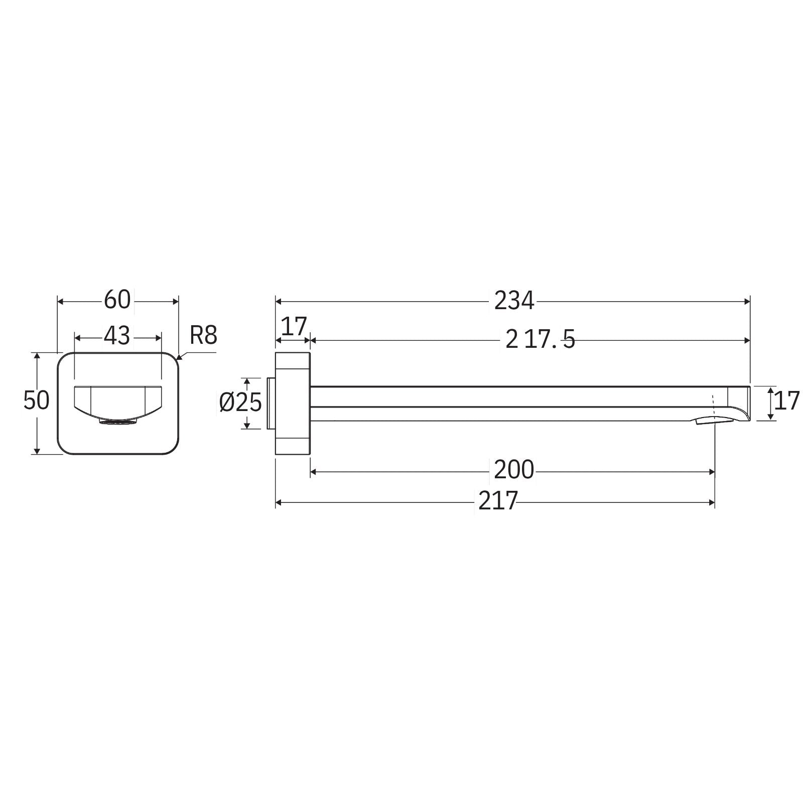 Technical Drawing Fienza Tono Wall Basin/Bath 220mm Outlet Brushed Nickel 233116BN-LF - The Blue Space