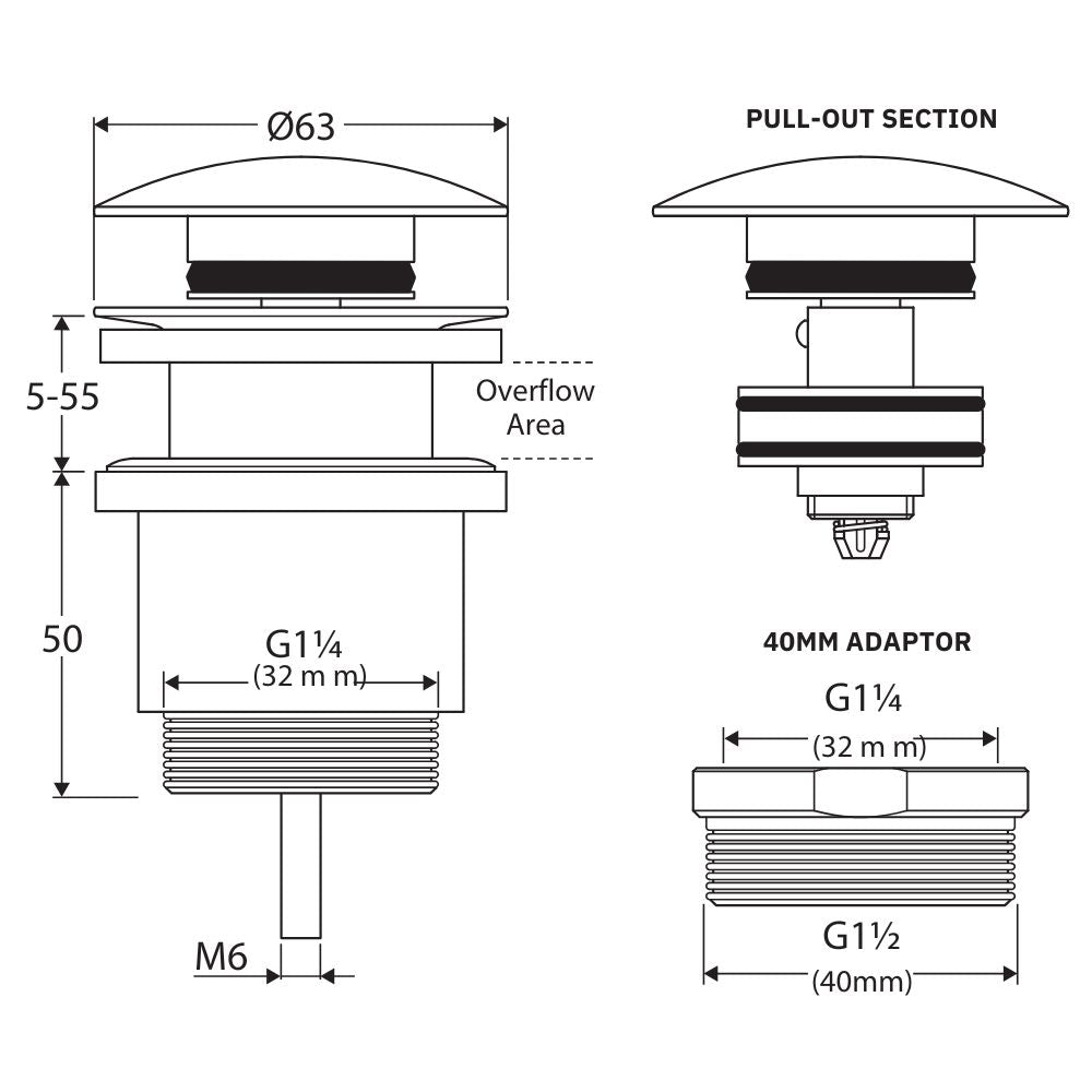 Technical Drawing Fienza Universal Pop-Up / Pull-Out Basin Waste Terrazzo Concrete WAS72TZ - The Blue Space