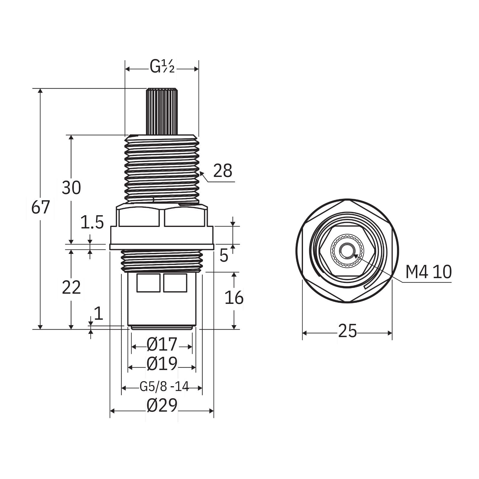 Technical Drawing Fienza Universal Wall Tap Hot/Cold Extended Spindle Set 230025-LF - The Blue Space