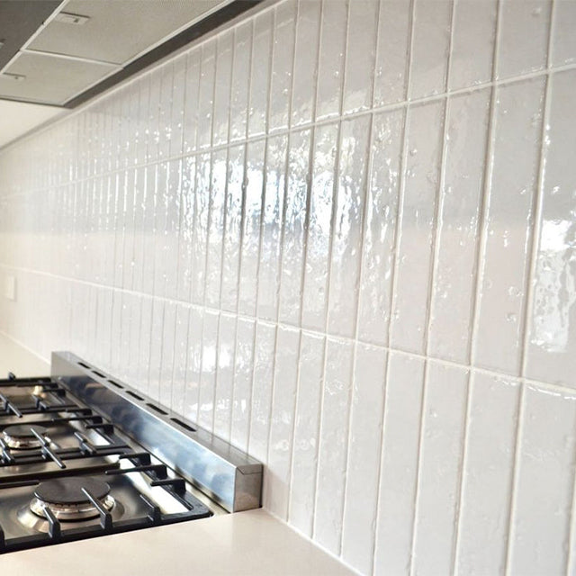 Full White Blaire Brick Tile Textured Gloss 45 x 230 x 8mm Porcelain | The Blue Space