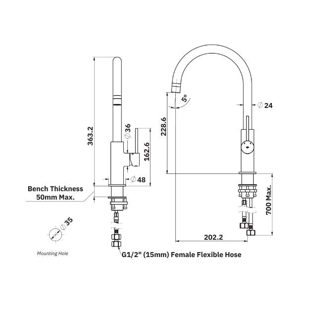 Technical Drawing Greens Maci Gooseneck Sink Mixer Matte Black 21202547 - The Blue Space