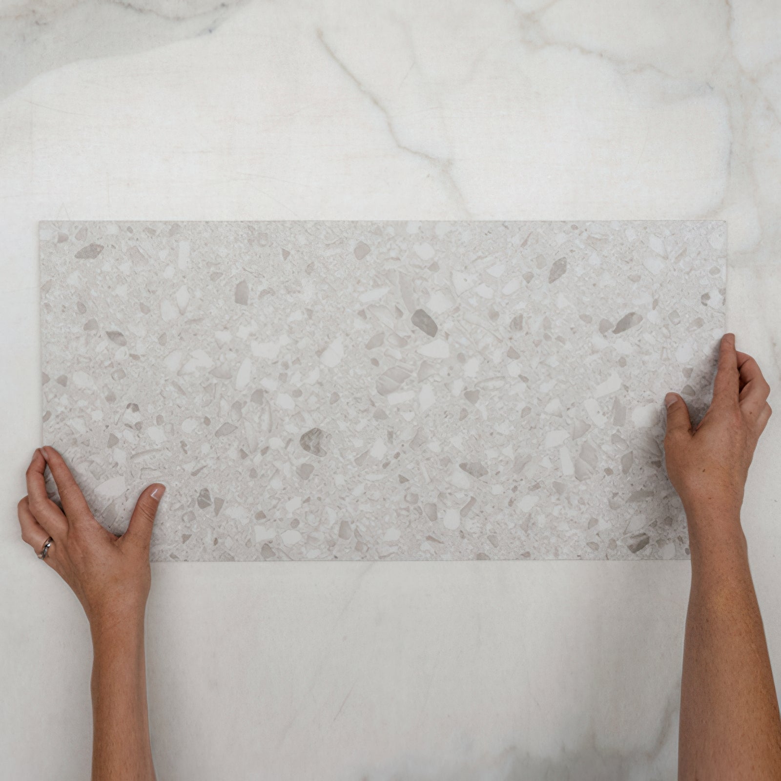 Single With Hand Grey Clio Terrazzo Tile Tech Grip 300 x 600mm Porcelain - The Blue Space