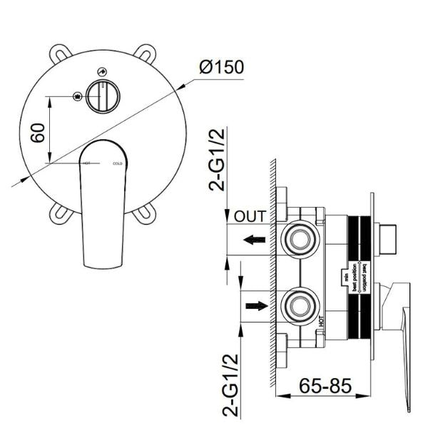 Technical Drawing - Indigo Savina Bath/Shower Mixer with Diverter Chrome US5607CH