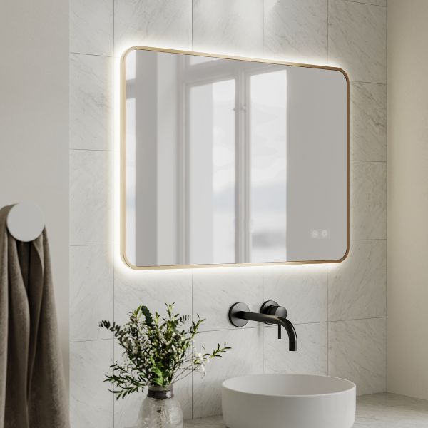 INELM8060-BG | Ingrain 800mm by 600mm Rectangular Backlit Mirror with Touch Sensor and Demister Pad with Brushed Gold Aluminium Frame