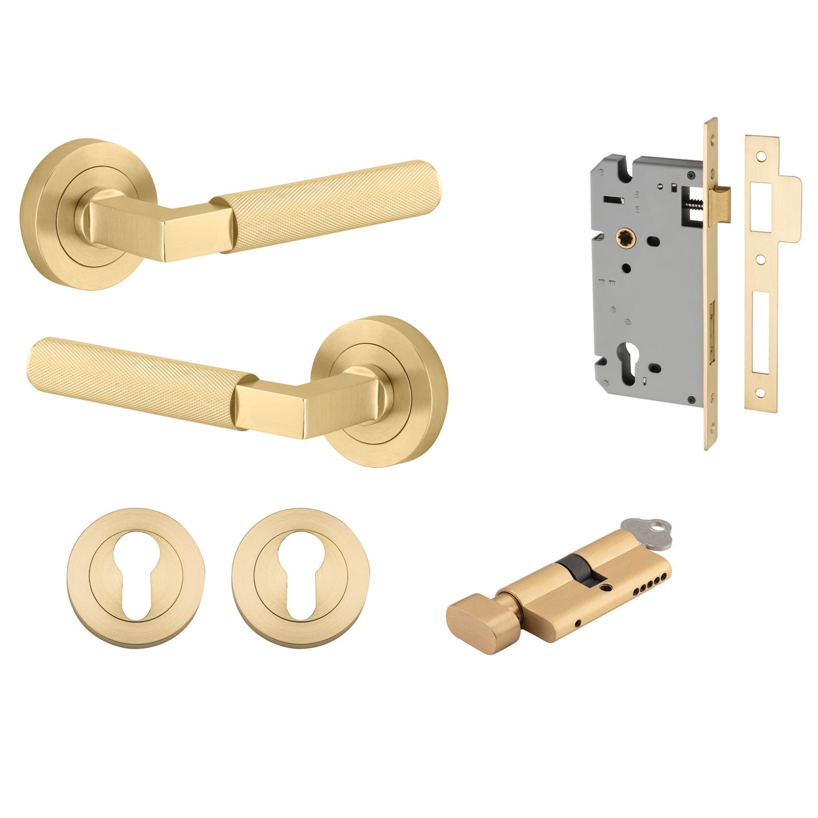Iver Brunswick Lever Round Rose Entrance Kit with High Security Lock Brushed Gold 16261KENTR60KT - The Blue Space