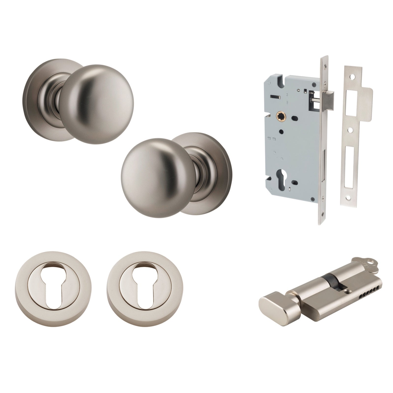 Iver Cambridge Knob Round Rose Entrance Kit with Separate High Security Lock Satin Nickel 0209KENTR60KT - The Blue Space