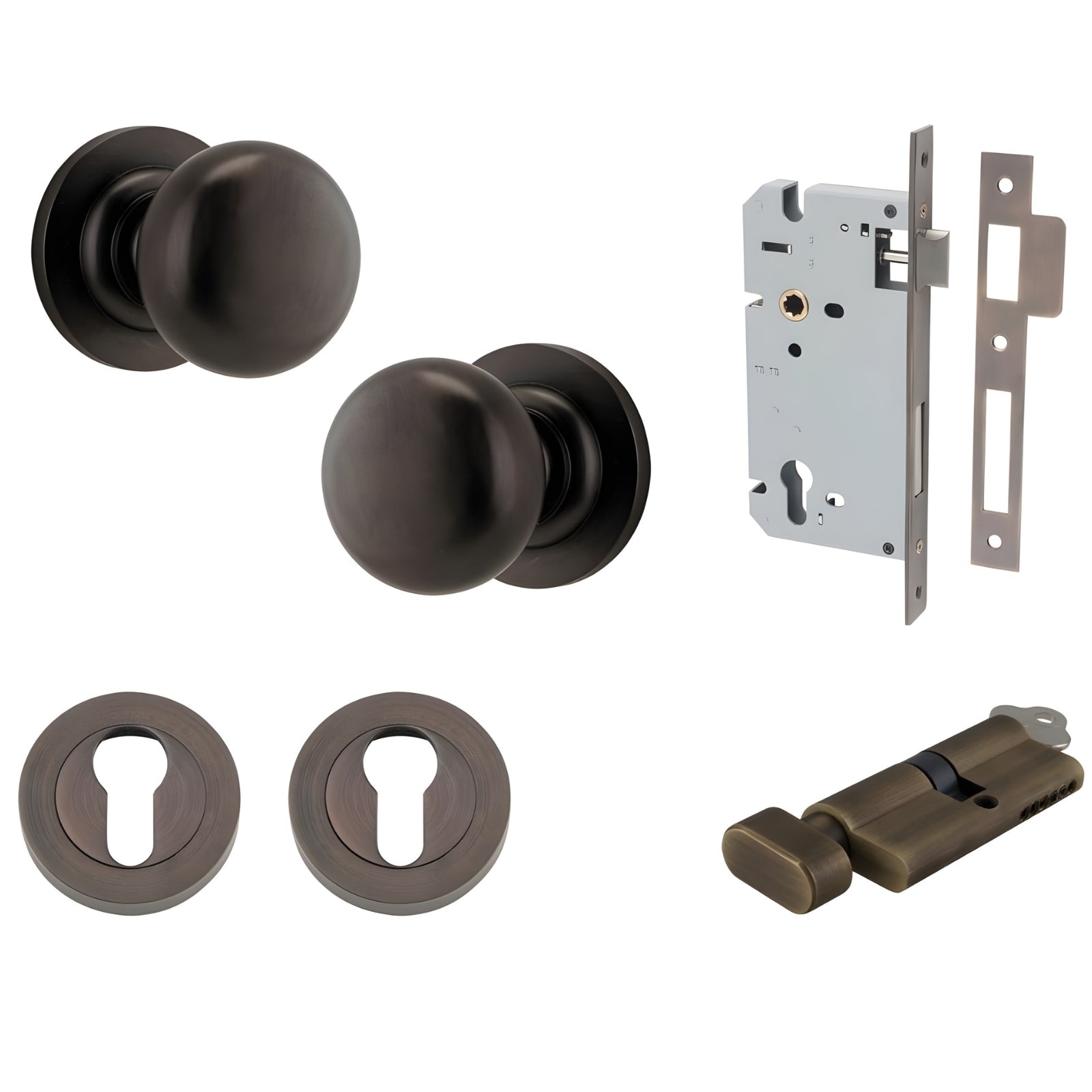 Iver Cambridge Knob Round Rose Entrance Kit with Separate High Security Lock Signature Brass 0201KENTR60KT - The Blue Space
