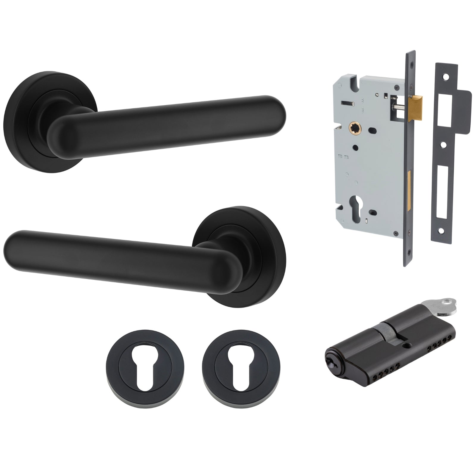 Iver Puerto Lever Round Rose Entrance Kit with Separate High Security Lock Key/Key Matte Black 24003KENTR60KK - The Blue Space