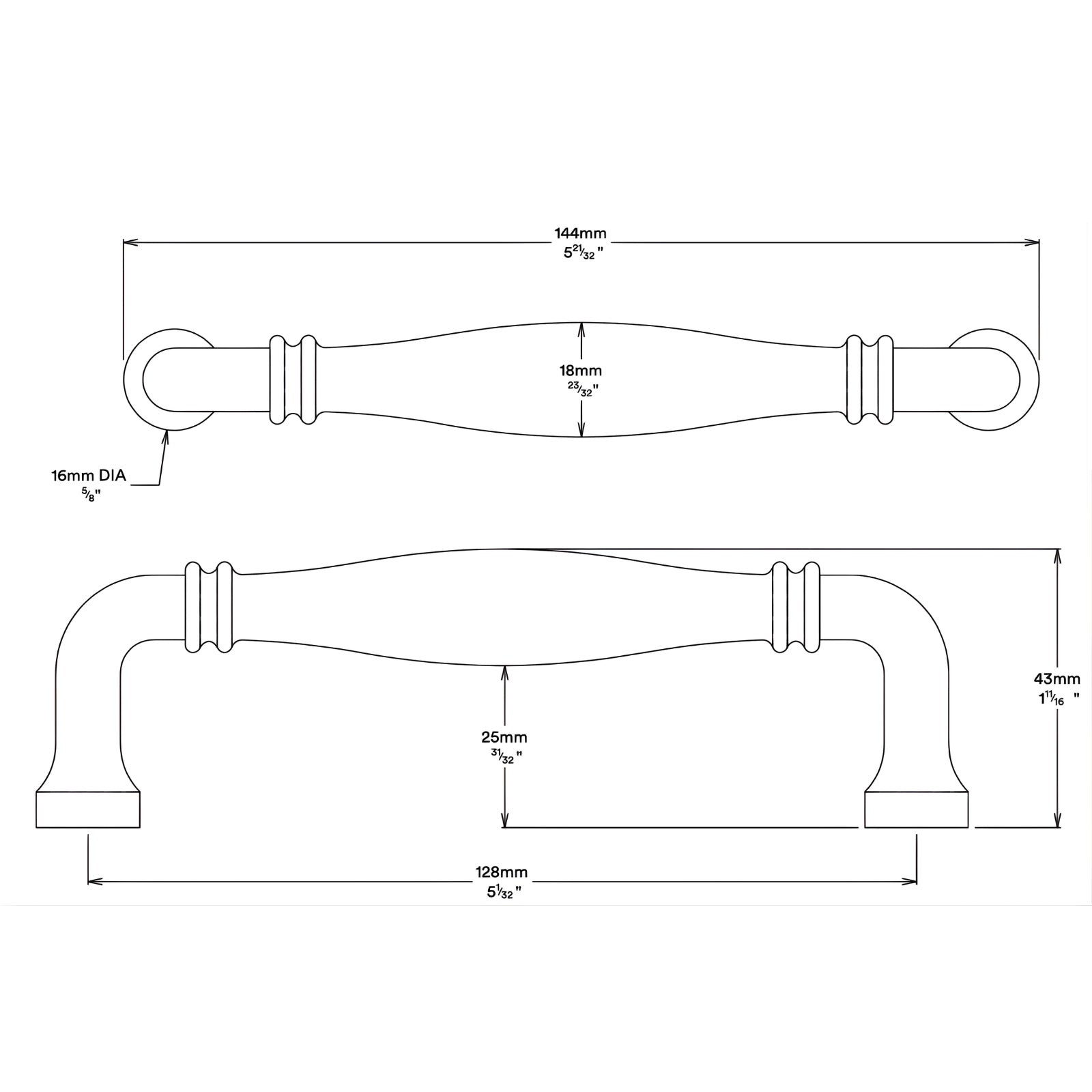 Line Drawing Iver Sarlat 128mm Cabinet Pull Handle Brushed Brass 21066 - The Blue Space