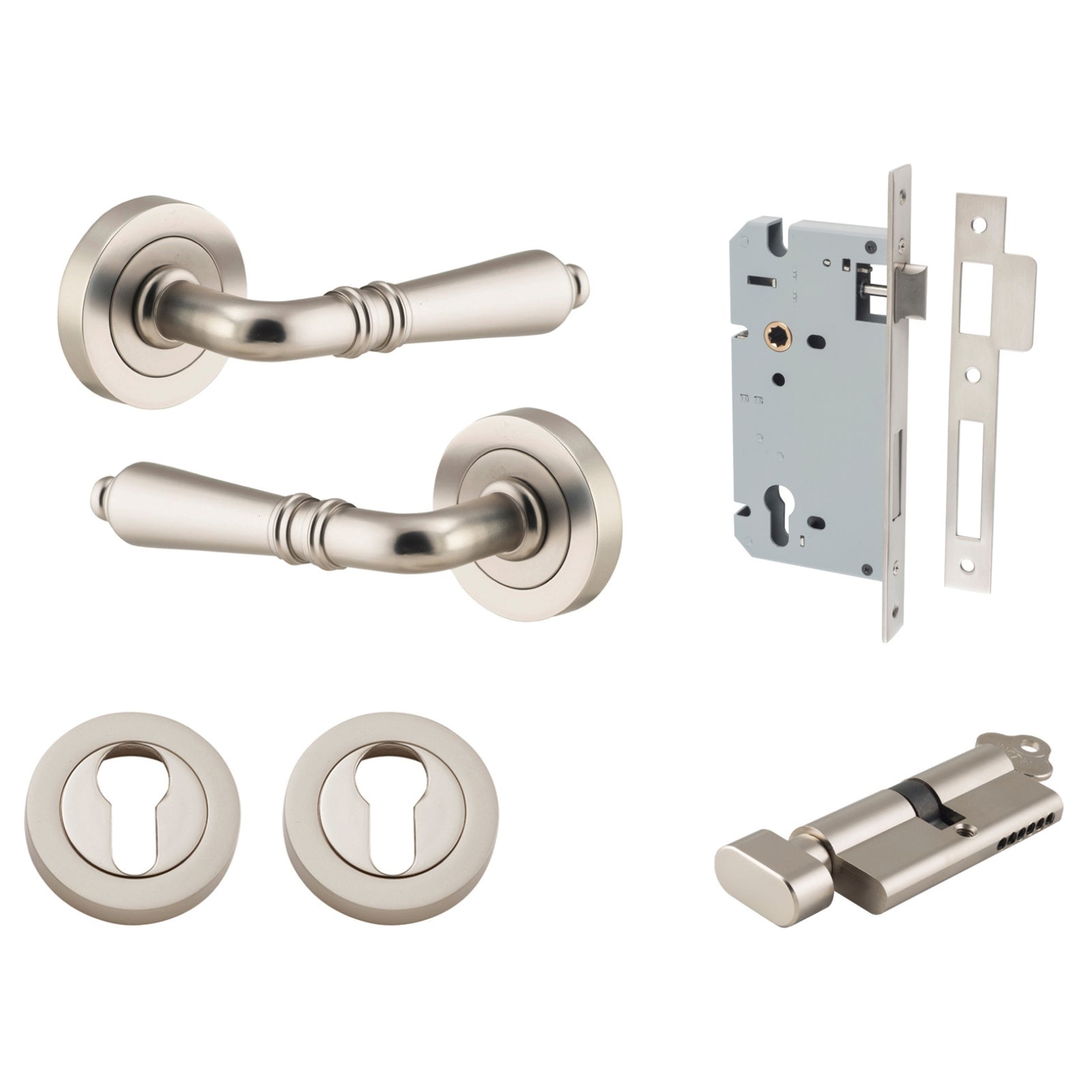 Iver Sarlat Lever Round Rose Entrance Kit with Separate High Security Lock Satin Nickel 9209KENTR60KT - The Blue Space