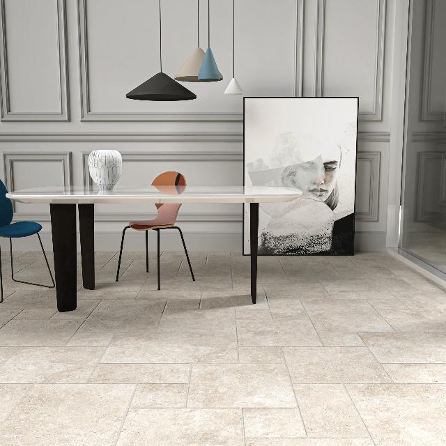 Ivory Amara Travertine Tile External French Pattern Porcelain | The Blue Space