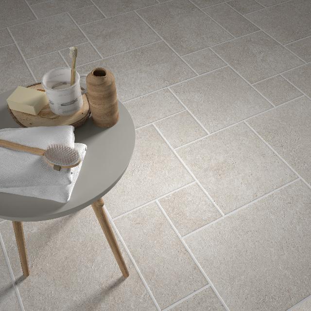 Ivory Amara Travertine Tile External French Pattern Porcelain | The Blue Space