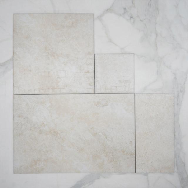 Ivory Amara Travertine Tile Matt French Pattern Porcelain | The Blue Space