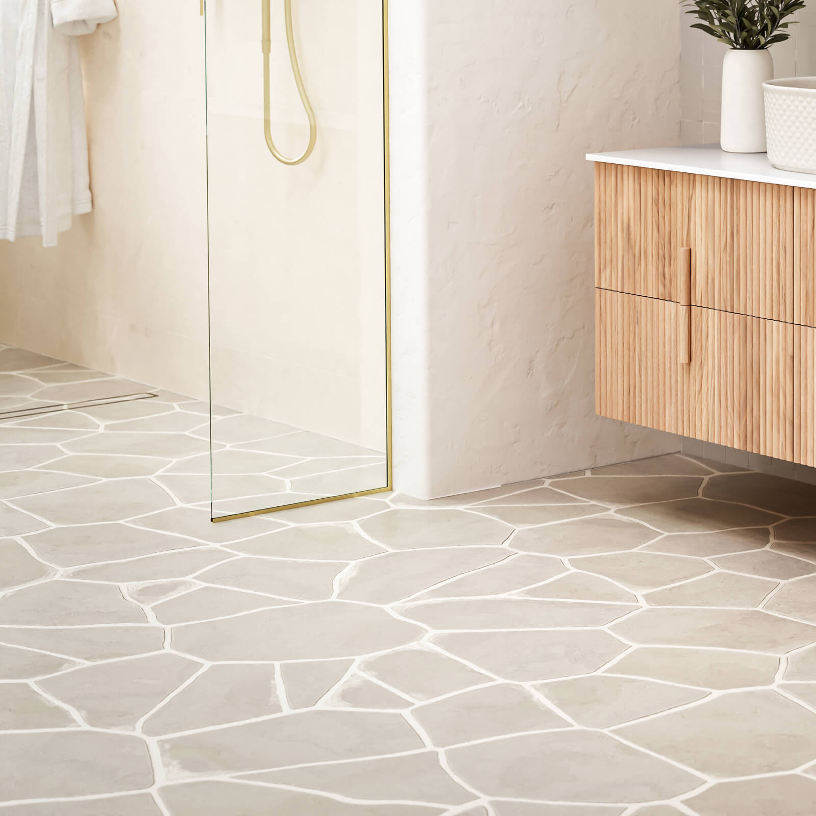 Ivory Valerie Travertine Tile P4 Tech Grip Porcelain Crazy Pave | The Blue Space