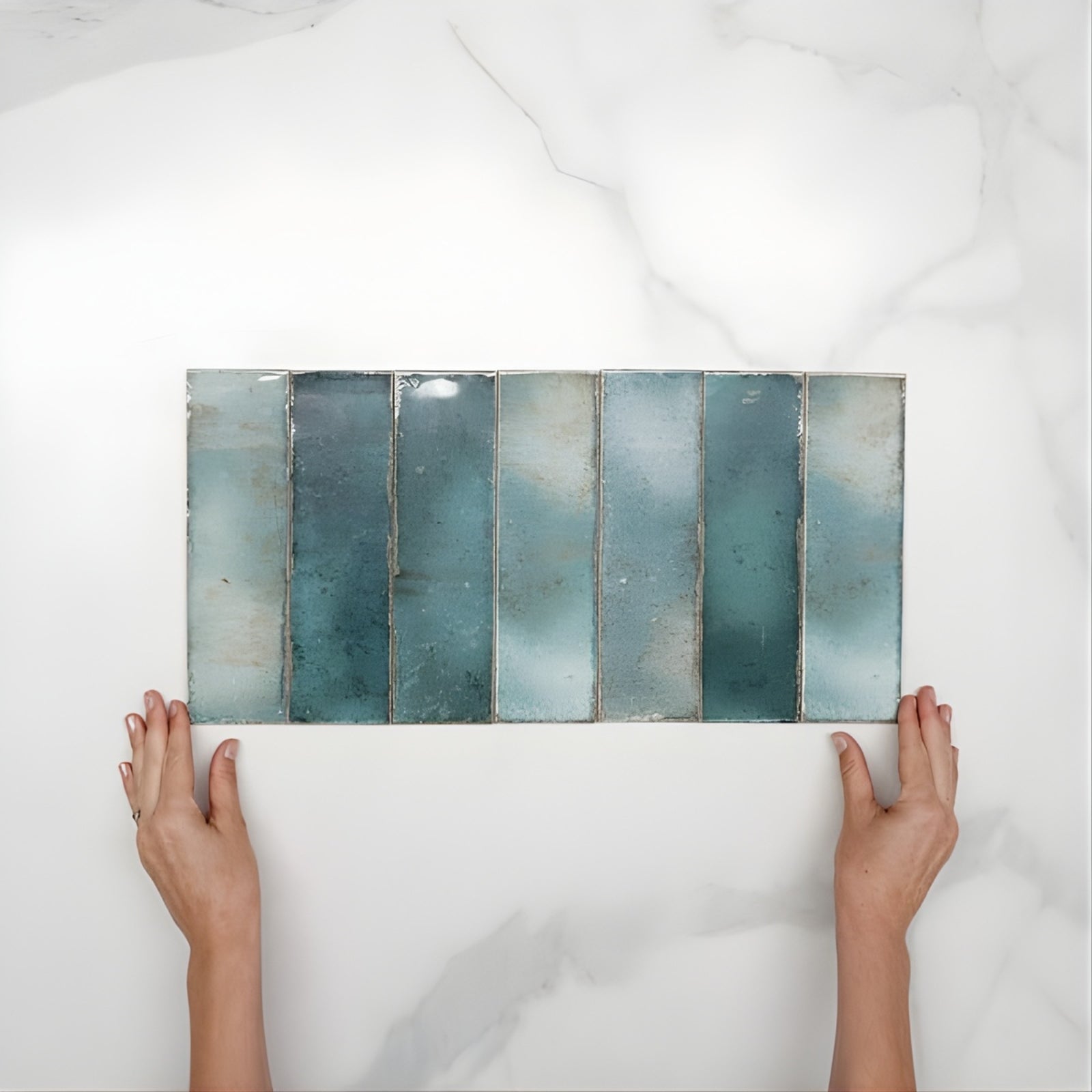Pattern with Hand Jade Green Leon Spanish Subway Tile Gloss 69 x 240mm Ceramic HACGNG724 - The Blue Space