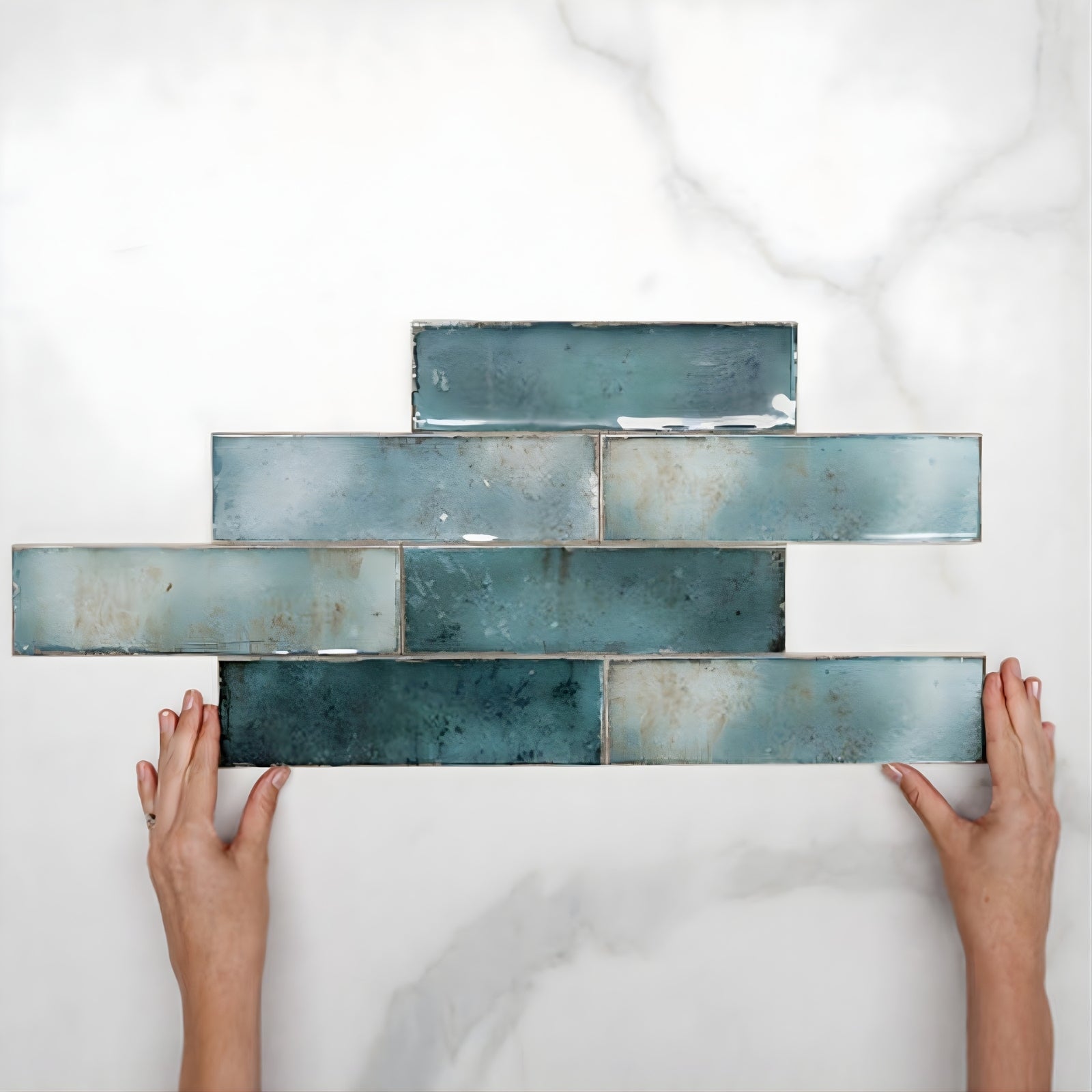 Pattern With Hand Jade Green Leon Spanish Subway Tile Gloss 69 x 240mm Ceramic | The Blue Space