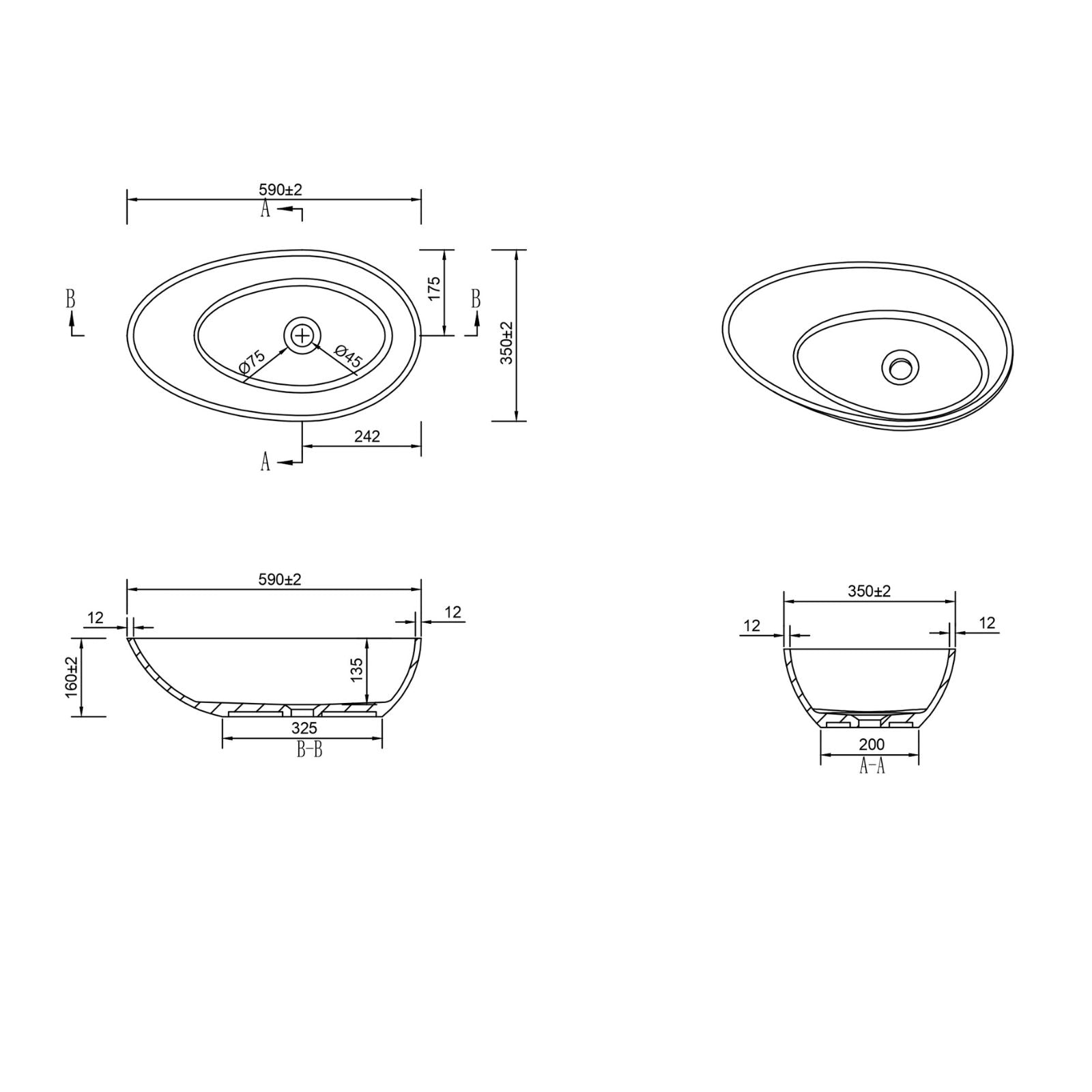 Technical Drawing Kaskade Barcelona Benchtop Egg Stone Basin Matte White 590mm VXA18-590 - The Blue Space
