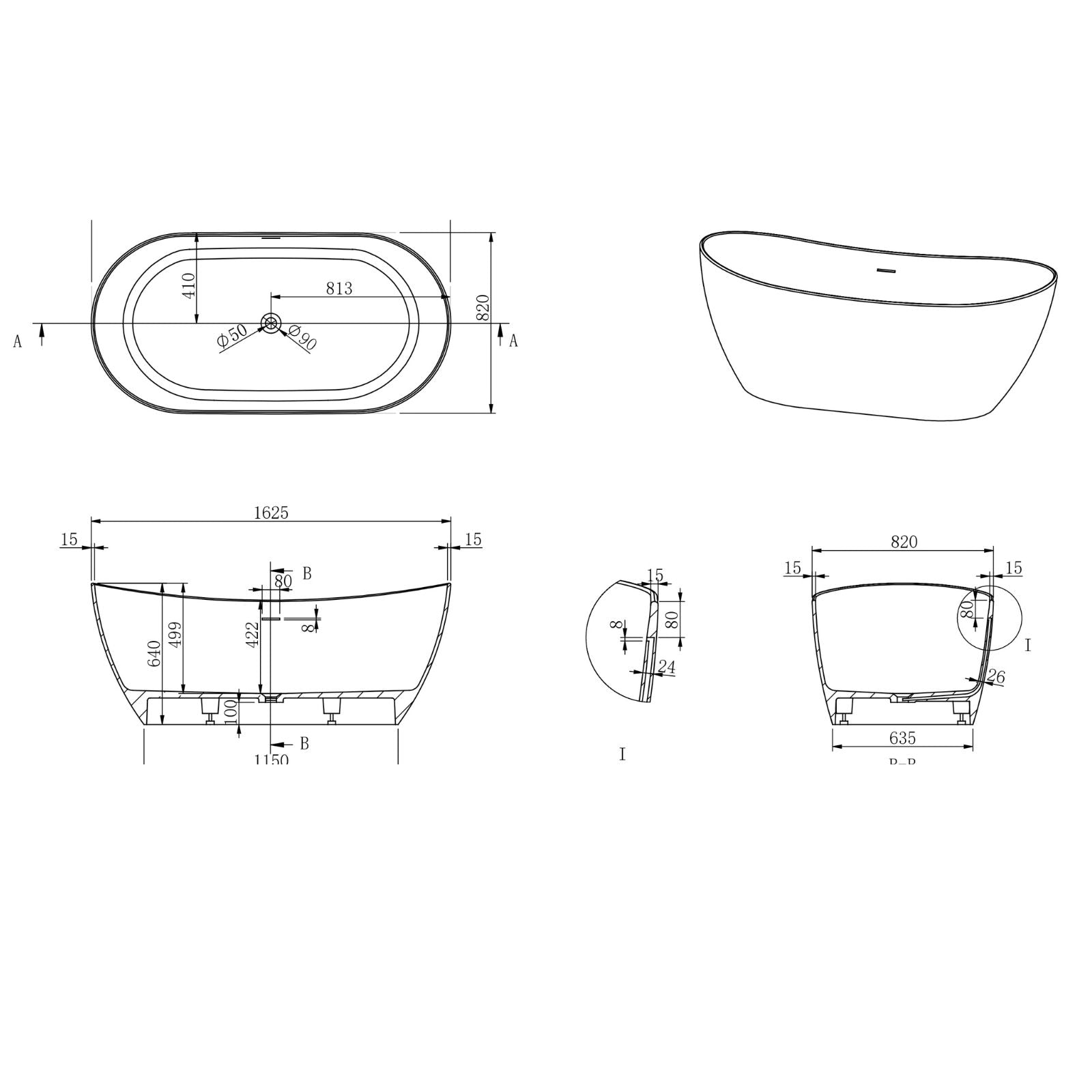Technical Drawing Kaskade Diane Freestanding Oval Stone Bath Matte White 1625mm VX100-1625 - The Blue Space