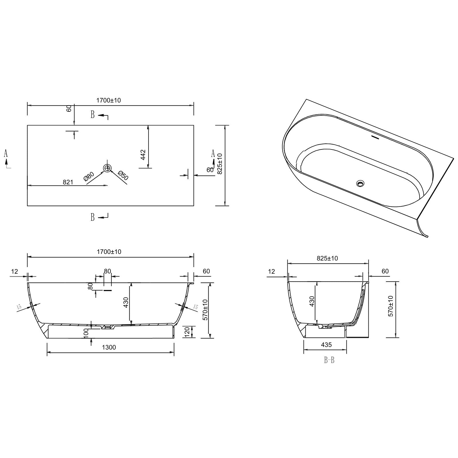 Technical Drawing Kaskade Eleni VX106-1700 Corner Back to Wall Stone Bath Right Hand with Overflow VX106-1700-NIK8701NA - The Blue Space
