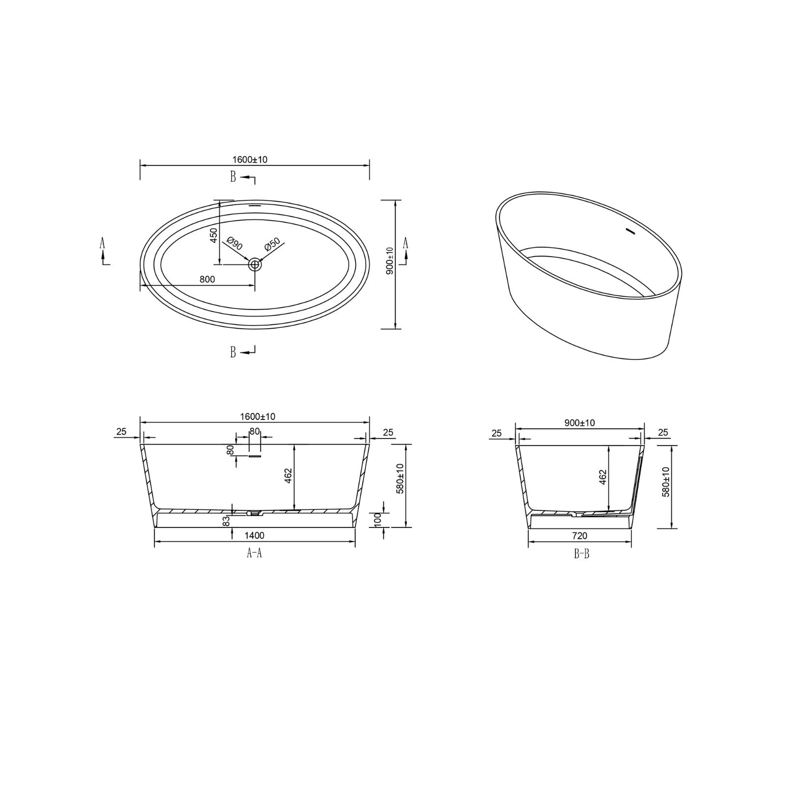Technical Drawing Kaskade Lyka Freestanding Oval Stone Bath Matte White 1600mm VX15-1600 - The Blue Space