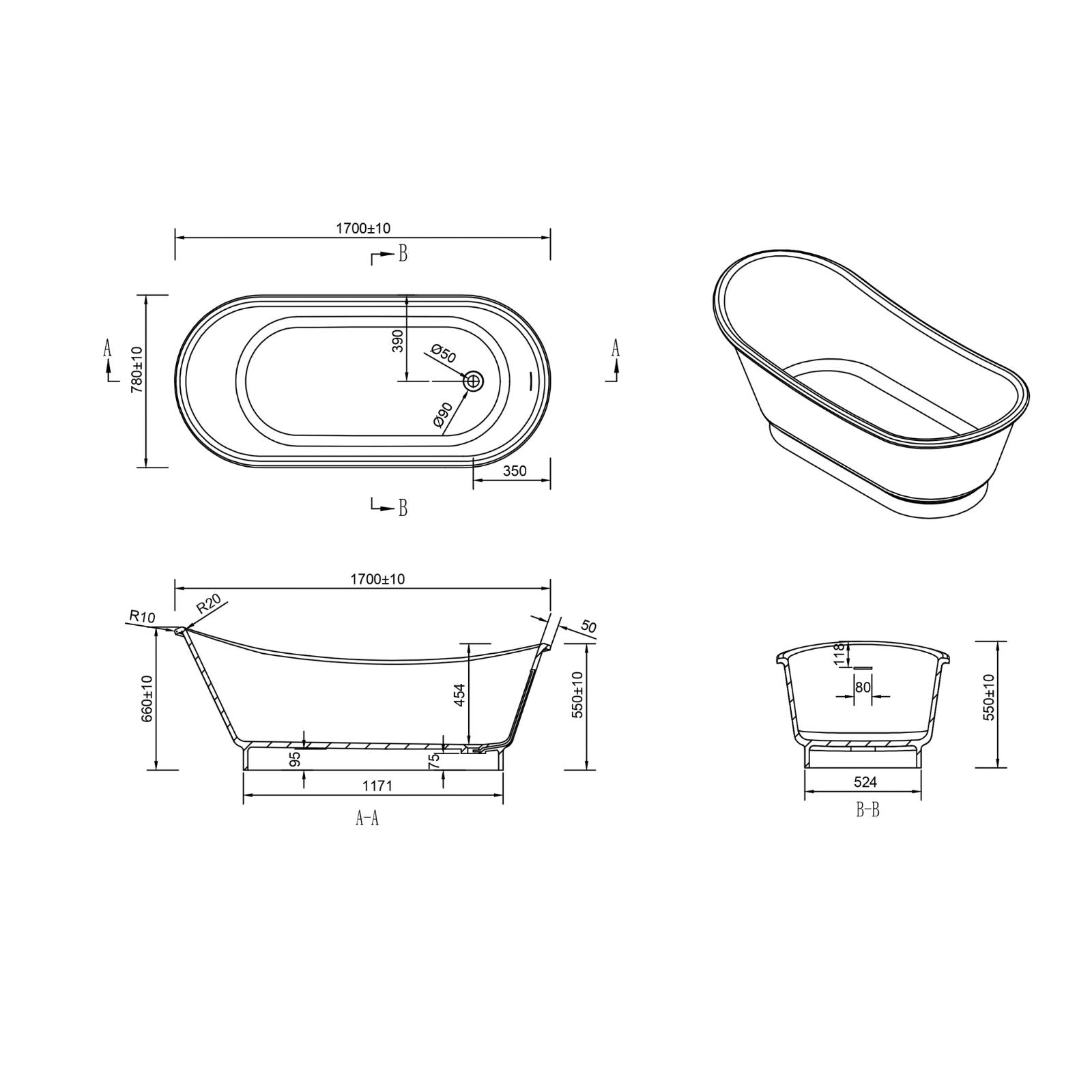 Technical Drawing Kaskade Naomi Freestanding Slipper Stone Bath Matte White 1700mm VX110-1700 - The Blue Space