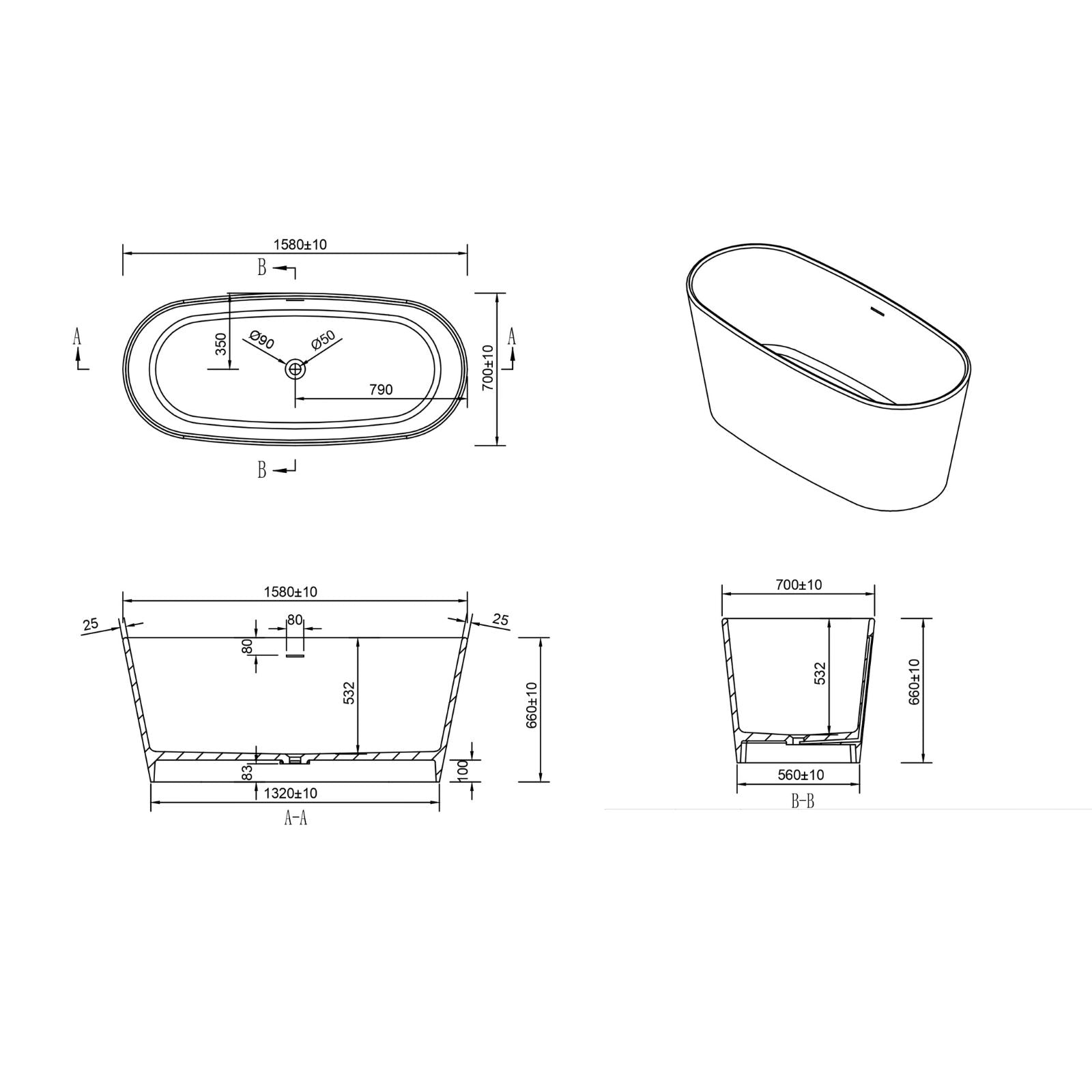 Technical Drawing Kaskade Soaker Freestanding Stone Bath Matte White 1580mm VX47-1580 - The Blue Space