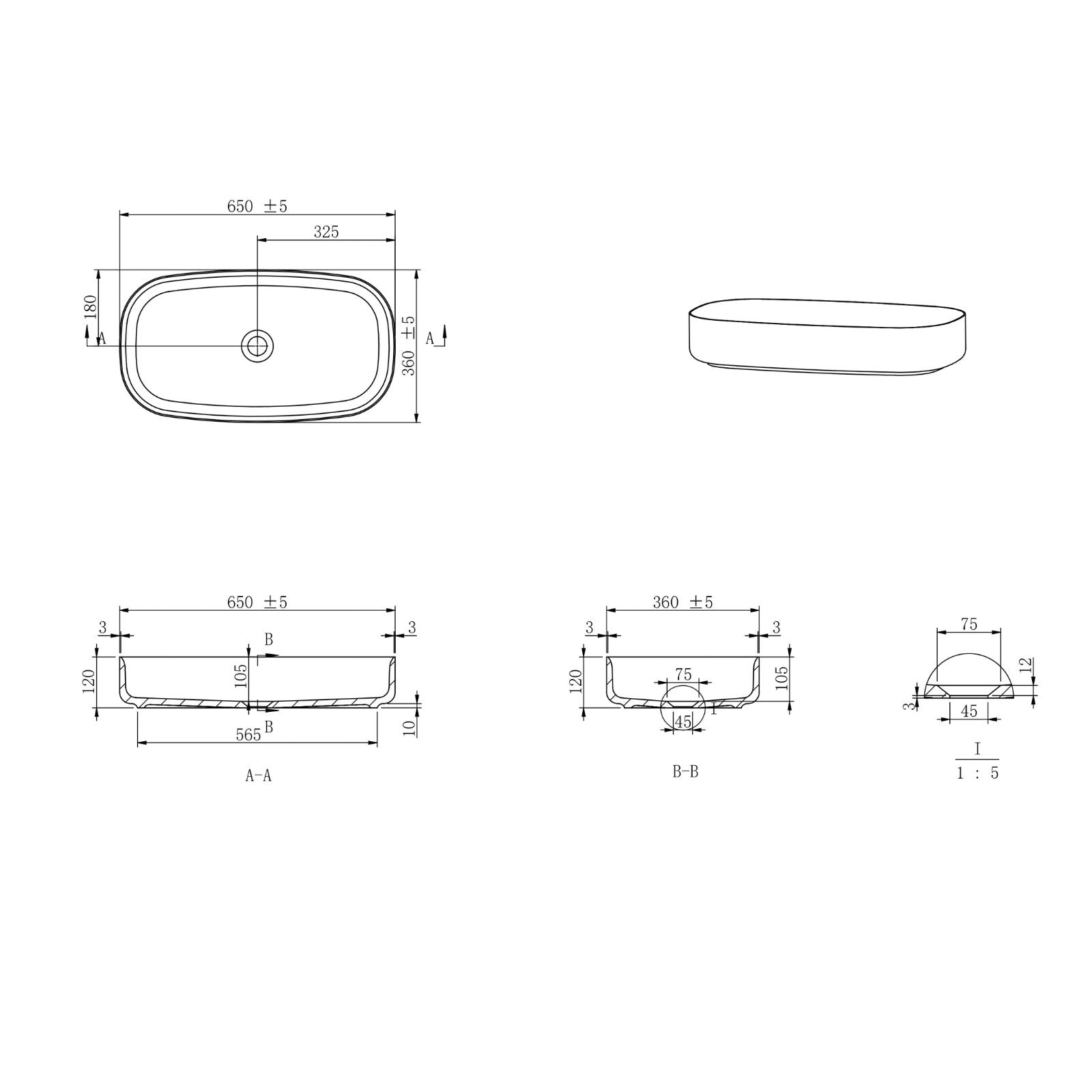 Technical Drawing Kaskade Turin Oval Benchtop Stone Basin Matte White 650mm VXA77 - The Blue Space