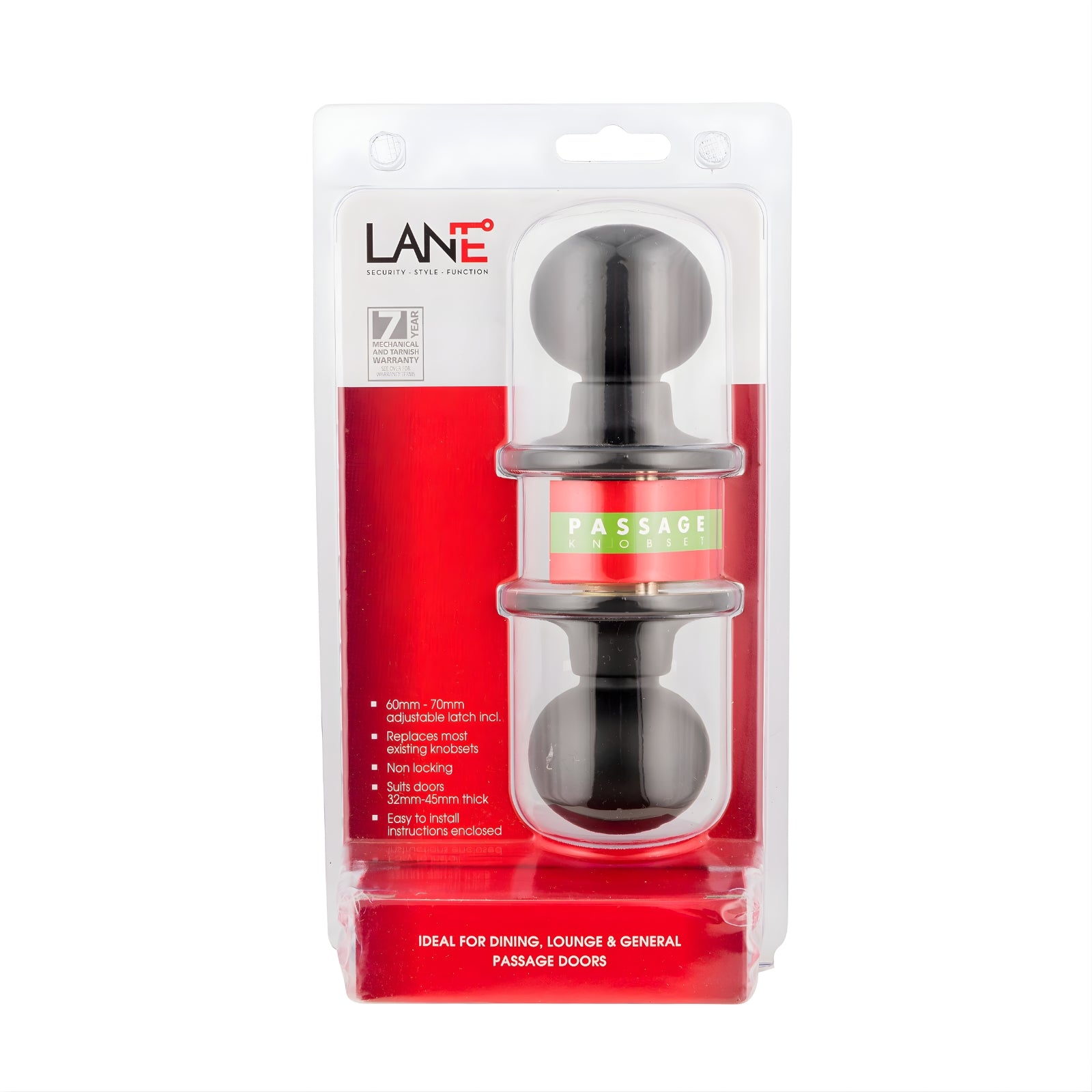 Package Lane Bala Passage Knob Door Handle Set On Round Rosette Matte Black L998933 - The Blue Space