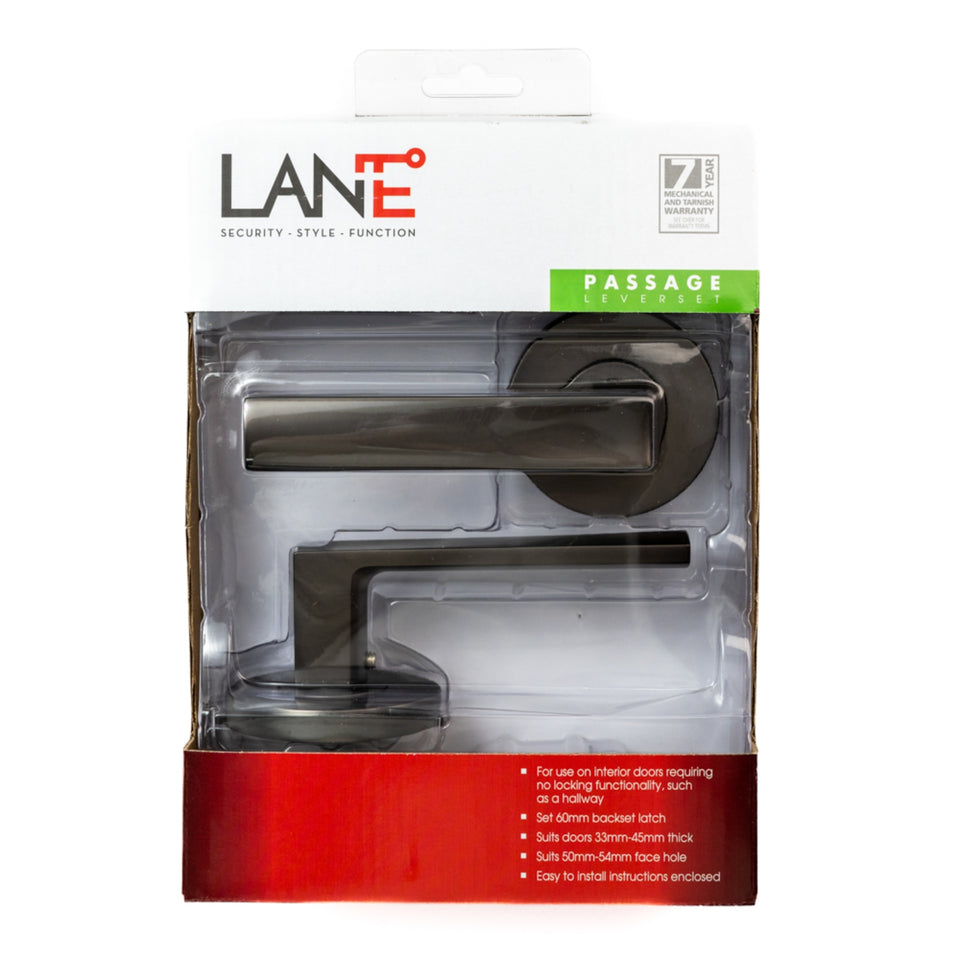 Lane Oxford Passage Lever Door Handle Set On Round Rosette Gun Metal Grey