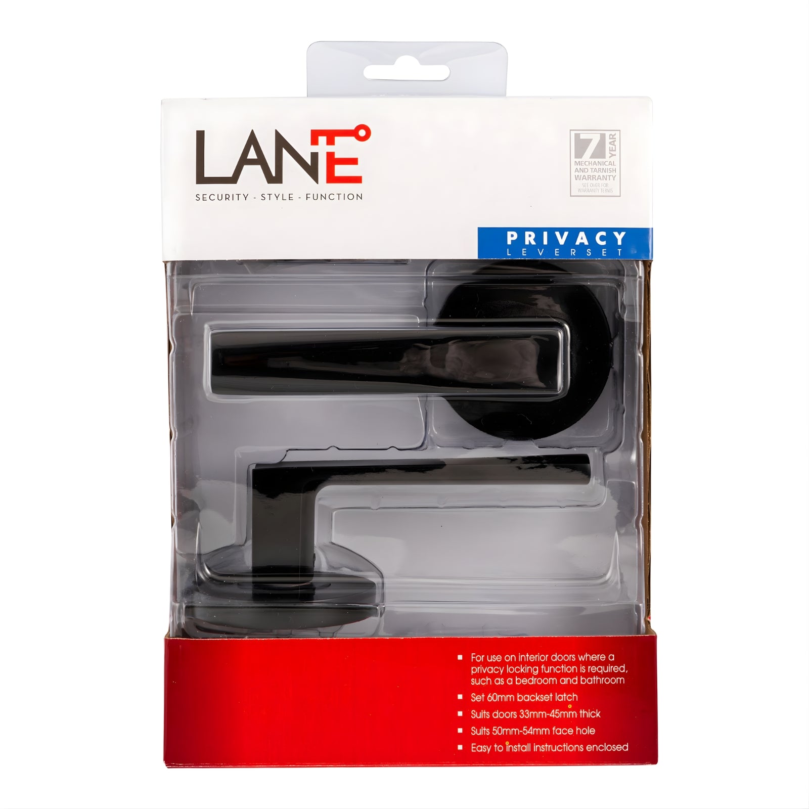 Package Lane Oxford Privacy Lever Door Handle Set On Round Rosette Matte Black L984783 - The Blue Space
