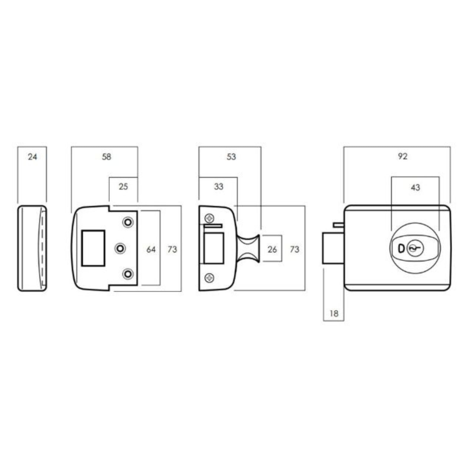 Line Drawing Lockwood 001 Double Cylinder Deadlatch Knob with Open In Strike Everbrass 001-1K1EVB - The Blue Space
