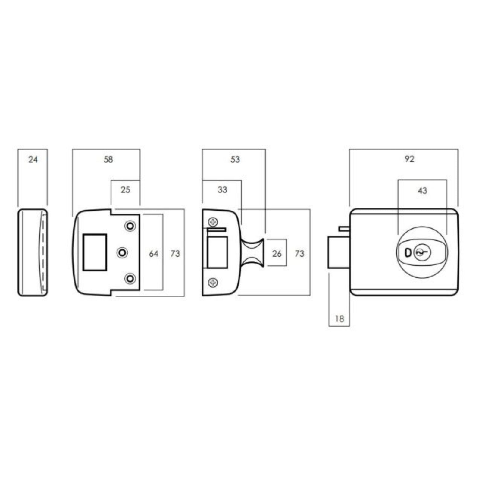 Line Drawing Lockwood 001 Double Cylinder Deadlatch Knob with Open In Strike Everbrass 001-1K1EVB - The Blue Space