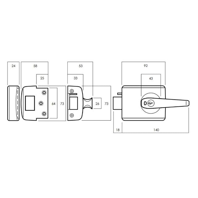 Line Drawing Lockwood 001 Double Cylinder Deadlatch Lever with Open In Strike Satin Chrome Plate 001-1L1SPDP - The Blue Space