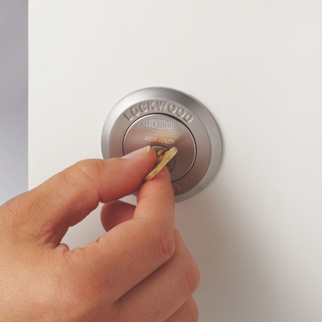 With Hand Lockwood 001 Double Cylinder Deadlatch Lever with Open In Strike Satin Chrome Plate 001-1L1SPDP - The Blue Space