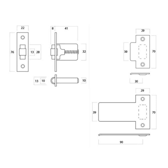 Line Drawing Lockwood 7580 Roller Bolt Satin Chrome 7580SC - The Blue Space