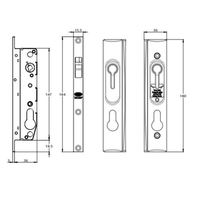 Line Drawing Lockwood 8653 Sliding Security Screen Door Lock Black 8653BLKDP - The Blue Space