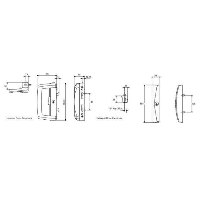 Line Drawing Lockwood Onyx Dual Handed Patio Sliding Door Lock Silver 9A1A2/5PSILDP - The Blue Space