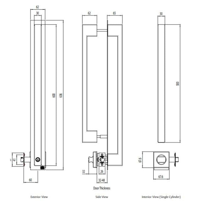 Line Drawing Lockwood Paradigm Pull Handle Lockset - Single Cylinder Deadlatch Stainless Steel 005/DPHLSSS- The Blue Space