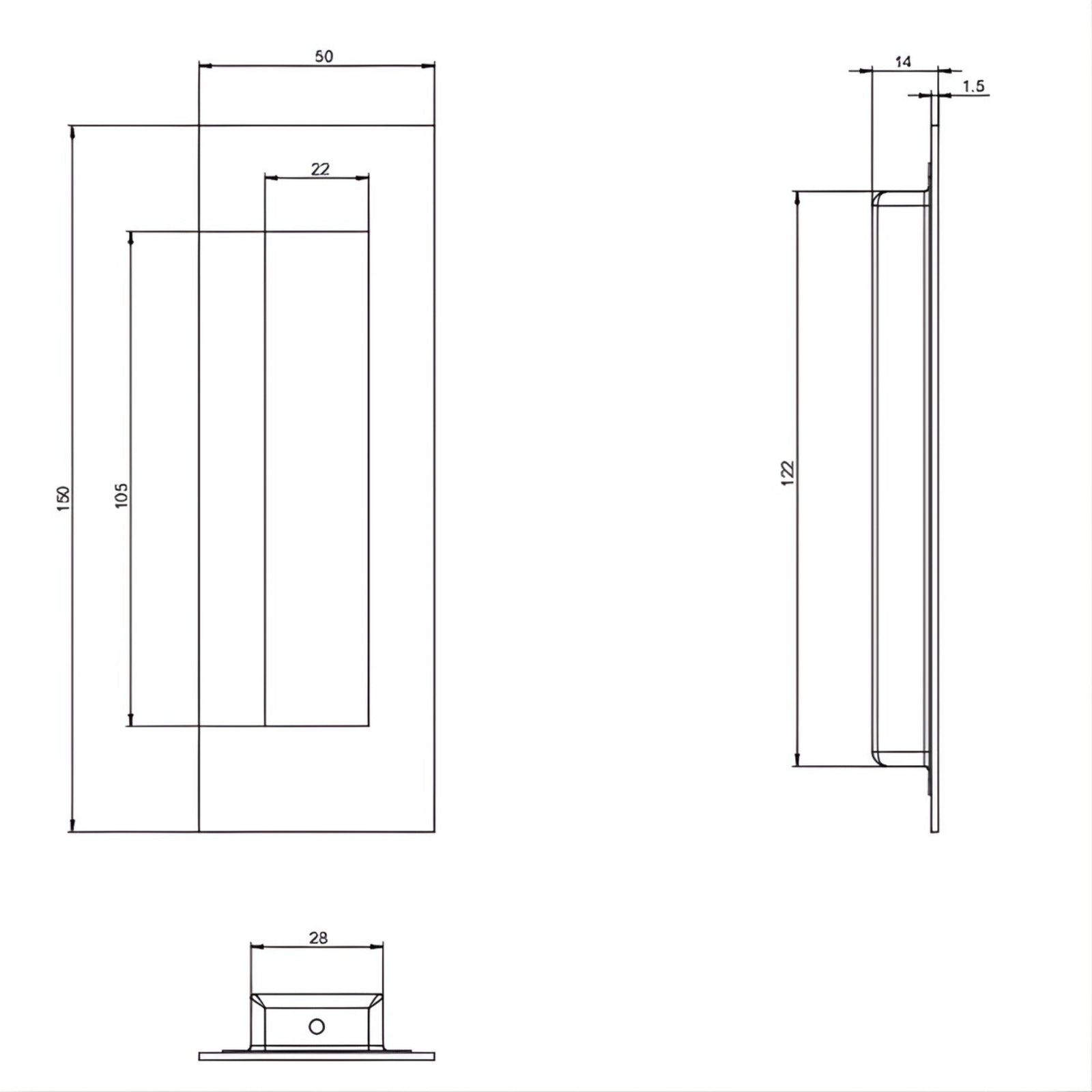 Line Drawing Lockwood Vivid 150mm Flush Pull Handle Gunmetal VIVFP2-150GMPVD - The Blue Space